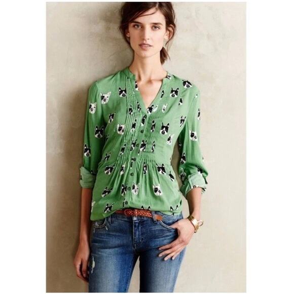 maeve anthropologie Green French Bulldog Pleated Button Up Shirt Sz 6 - Picture 1 of 8